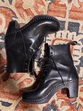 Swedish Hasbeens Black Lace-Up Leather Heeled Clog Boots